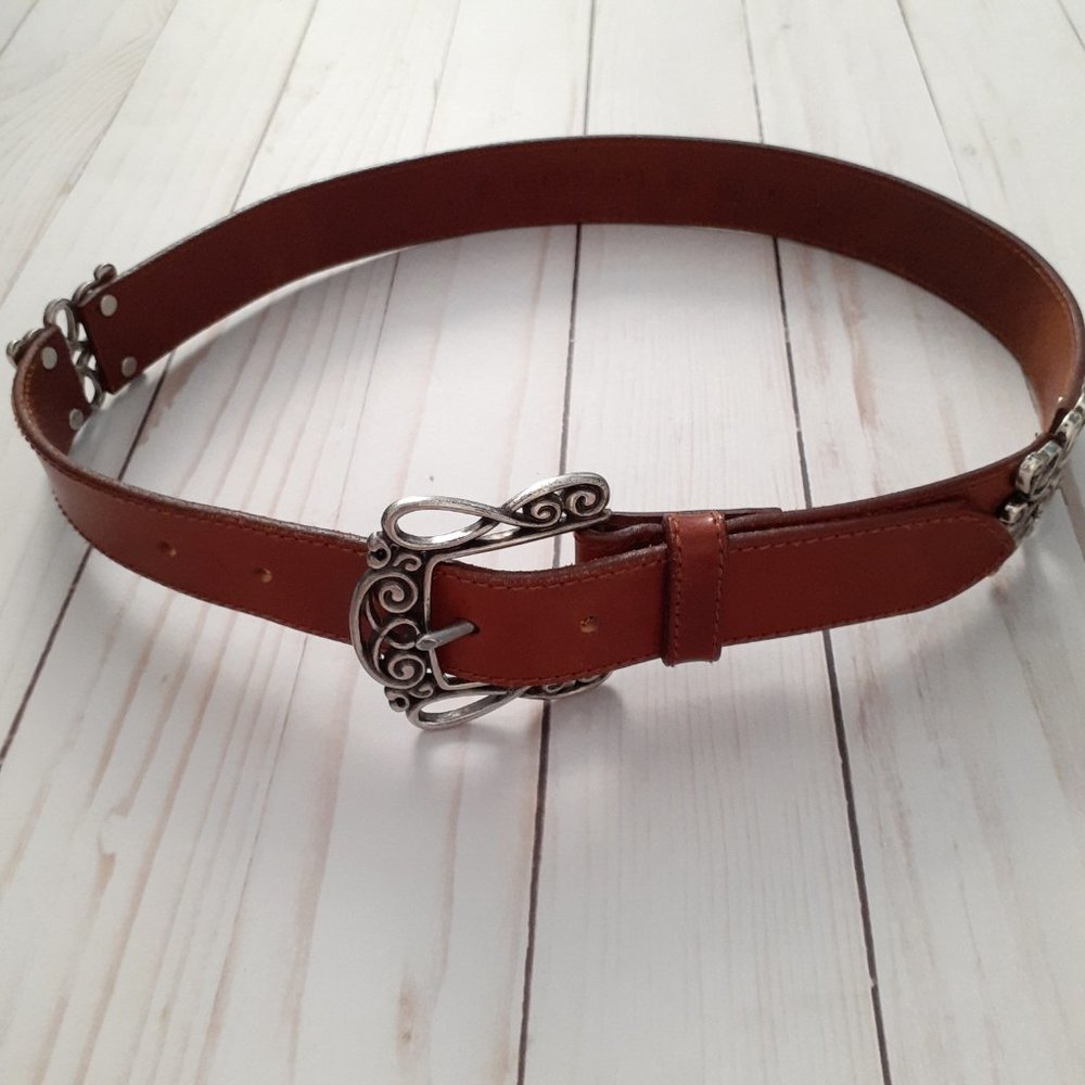 Fossil Leather Belt with Silvertone Buckle & Sections Brown Silver Size S